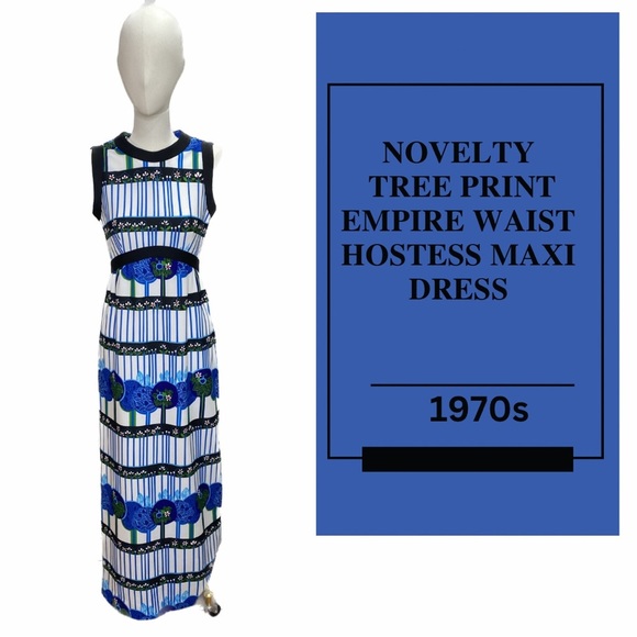 Vintage 70s Leslie Fay Novelty Whimsical Tree Forrest Print Hostess Maxi Dress - Picture 1 of 11